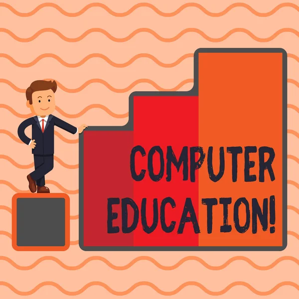 Word writing text Computer Education. Business concept for gaining basic knowledge and skills to operate computers Happy Businessman Presenting Growth and Success in Rising Bar Graph Columns. — Stock Photo, Image