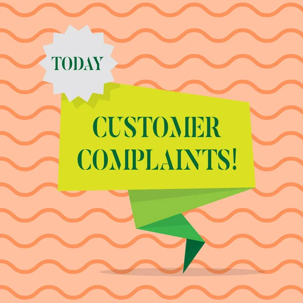 Word writing text Customer Complaints. Business concept for expression of dissatisfaction on a consumer s is behalf Blank Space Green Two Tone Folded Back Banner Strip with Seal Stamp Sticker. — Stock Photo, Image