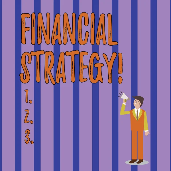 A pénzügyi stratégiát bemutató feljegyzés. Üzleti fotó bemutató tervet, hogy finanszírozza az általános műveletek, hogy megfeleljen a célkitűzéseknek Üzletember felnéz, és beszél a hangerő ikon Megafon. — Stock Fotó
