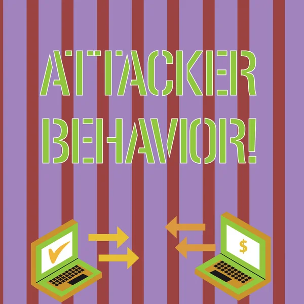Note d'écriture montrant le comportement de l'attaquant. Photo d'affaires mettant en valeur analyser et prédire le comportement de l'attaquant des icônes flèche d'attaque entre deux signes de devise ordinateur portable et vérifier les icônes . — Photo