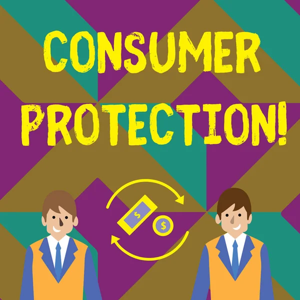 Text sign showing Consumer Protection. Conceptual photo regulation that aim to protect the rights of consumers Money in Dollar Currency Sign Inside Rotating Arrows Between Two Businessmen.