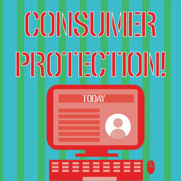 Handwriting text Consumer Protection. Concept meaning regulation that aim to protect the rights of consumers Desktop Computer Mounted on Stand with Online Profile Data on Monitor Screen.