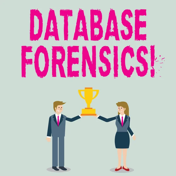 Word writing text Database Forensics. Business concept for identifying transactions within a database system Man and Woman in Business Suit Holding Together the Championship Trophy Cup.