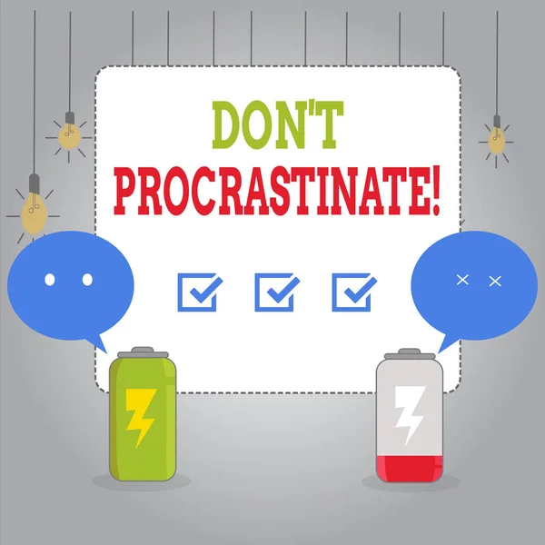 Píšu vzkaz, na kterém je Don T Procrastinate. Business photo showcasing Vyhněte se zpoždění nebo zpomalení něco, co je třeba udělat Plně nabít a vybít baterie s Emoji Speech Bubble. — Stock fotografie