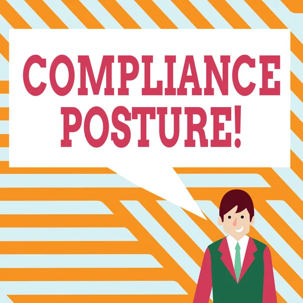 Escrita à mão escrita de texto Compliance Posture. Conceito que significa analisar a defesa da empresa e garantir recursos Empresário Sorrindo e conversando com bolha de discurso de cor retangular em branco . — Fotografia de Stock