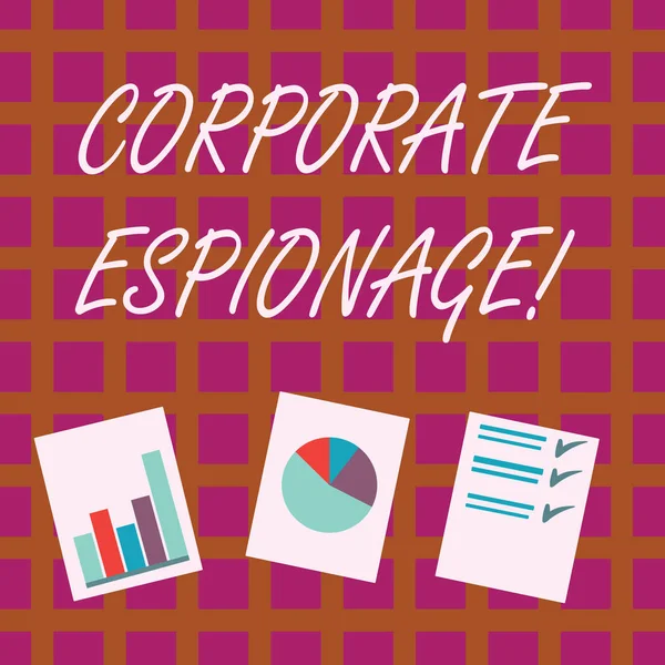 Conceptual hand writing showing Corporate Espionage. Business photo showcasing form of espionage conducted for commercial purpose Presentation of Bar, Data and Pie Chart Graph on White Paper.