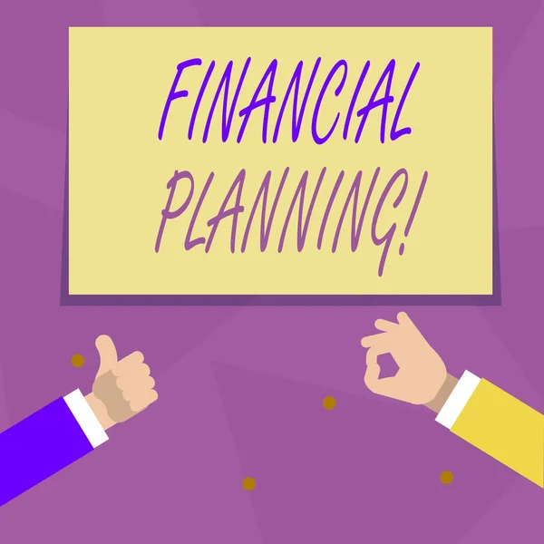 Handwriting text Financial Planning. Concept meaning determining how a business will afford to achieve goal Two Businessmen Hands Gesturing the Thumbs Up and Okay Sign for Promotion. — Stock Photo, Image