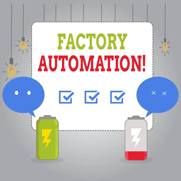 Skrivanteckning som visar Factory Automation. Företagsfoto visa upp automatisk drift och kontroll av maskiner eller processer Fullt laddning och urladdning Batteri med Emoji Speech Bubble. — Stockfoto
