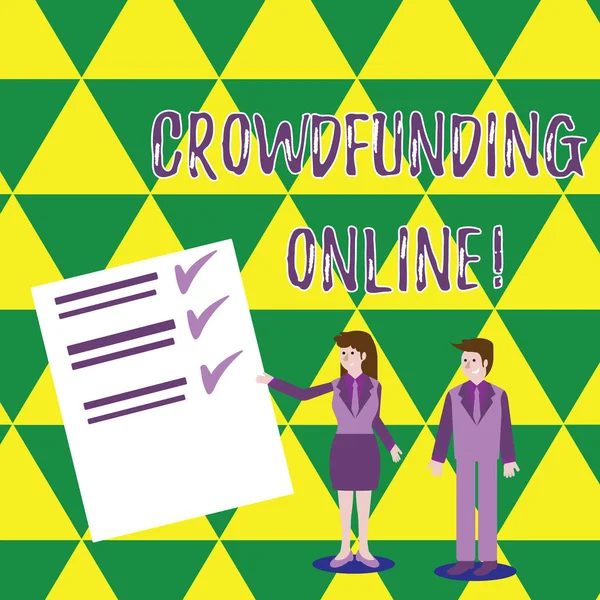 Szövegírás Crowdfunding Online. Üzleti koncepció kis mennyiségű pénz gyűjtésére az elemzésből, amely bemutatja a férfi és a nő üzleti öltönyben prezentáló jelentést a csekkről és vonalakról papíron. — Stock Fotó
