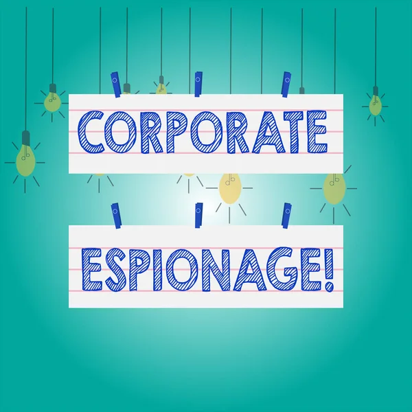 Word writing text Corporate Espionage. Business concept for form of espionage conducted for commercial purpose Two Color Blank Strip Size Lined Paper Sheet Hanging Using Blue Clothespin.