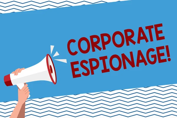Conceptual hand writing showing Corporate Espionage. Business photo text form of espionage conducted for commercial purpose Human Hand Holding Megaphone with Sound Icon and Text Space.