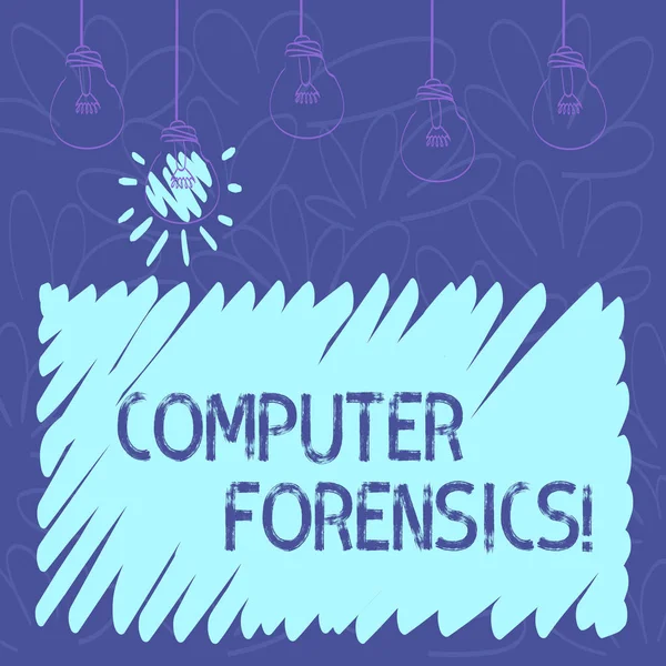 Fogalmi kézzel írt bemutató Computer Forensics. Üzleti fotó szöveg a nyomozati technikák számítógépek átlátszó izzók lóg a végtelen és egy világító ikon. — Stock Fotó