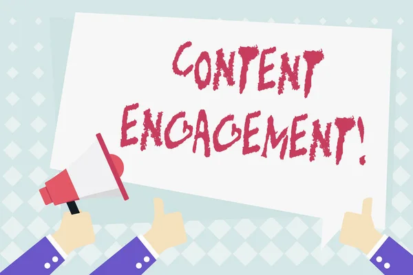 Conceptual hand writing showing Content Engagement. Business photo showcasing action a user takes on a given piece of content Hand Holding Megaphone and Gesturing Thumbs Up Text Balloon.