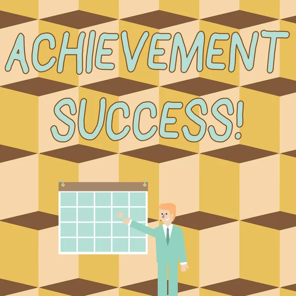 Text sign showing Achievement Success. Conceptual photo status of having achieved and accomplished an aim Businessman Smiling and Pointing to Colorful Calendar with Star Hang on Wall.