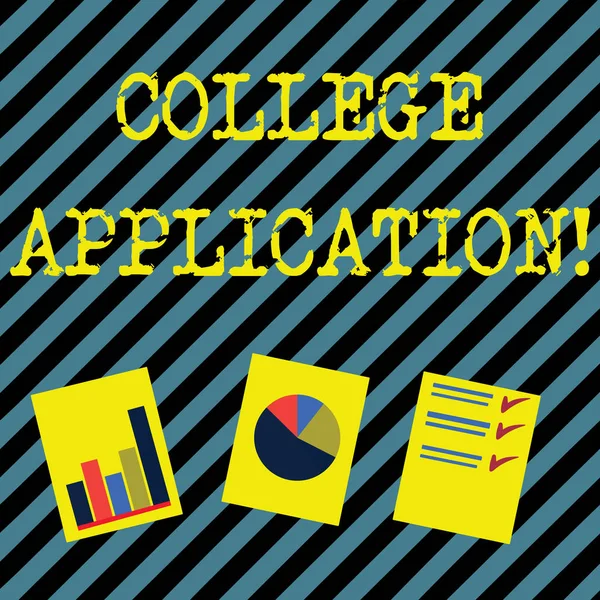 Text sign showing College Application. Conceptual photo individuals apply to gain entry into a college Presentation of Bar, Data and Pie Chart Diagram Graph Each on White Paper.