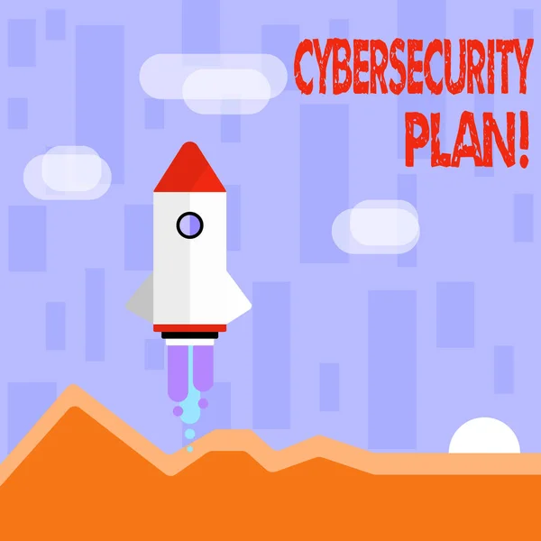 Skriva lapp som visar Cybersecurity Plan. Business photo showcasing Tekniker för att skydda dator och system från attacker Färgglada rymdfarkoster Shuttle Lansering av nya företag Startup. — Stockfoto