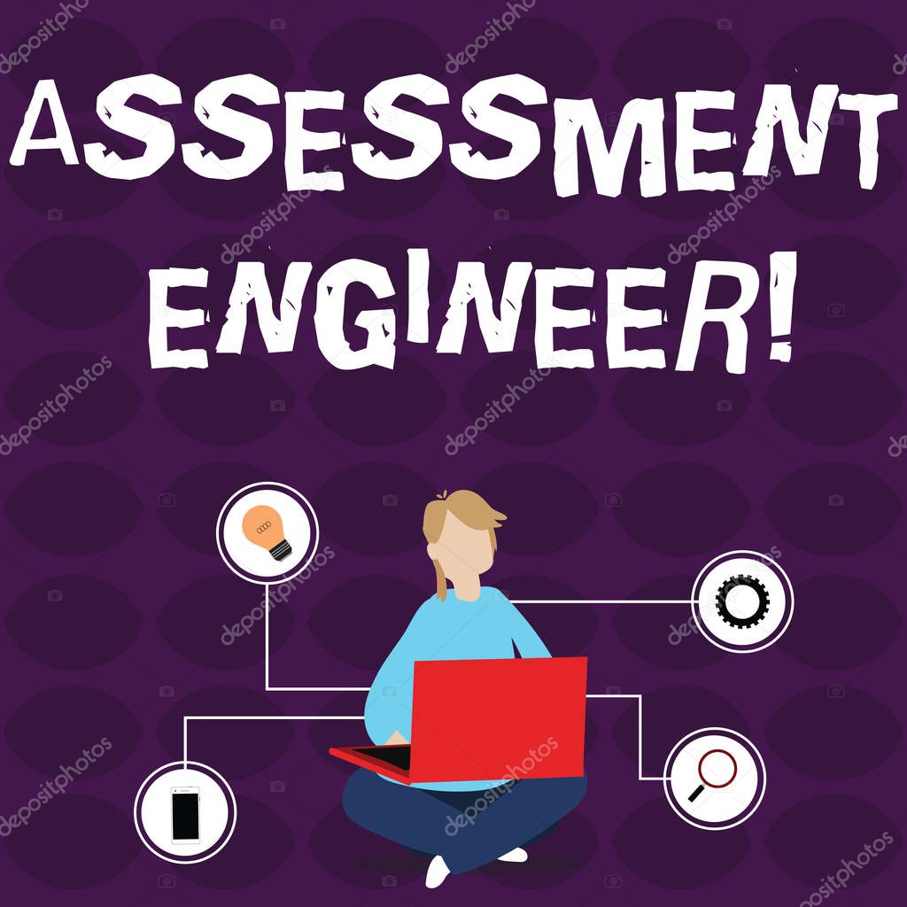 Word writing text Assessment Engineer. Business concept for gives solutions to the complexities of developing tests Woman Sitting Crossed Legs on Floor Browsing the Laptop with Technical Icons.