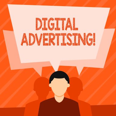 Kelime yazma metni Dijital Reklamcılık. İnternet kullanan ürün veya hizmet pazarlama konsepti Yüzsüz Adam 'ın İkisinin de Kendi Konuşma Baloncuğu Çakışması Var.