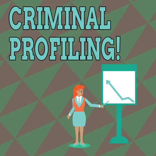 Tekst teken dat criminele profilering weergeeft. Conceptuele foto profielen ontwikkelen voor criminelen die nog niet aangehouden zakenvrouw vasthouden stok wijzend naar diagram van pijl omhoog op whiteboard. — Stockfoto