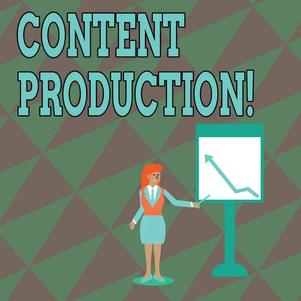 Text sign showing Content Production. Conceptual photo way of developing and creating visual or written assets Businesswoman Holding Stick Pointing to Chart of Arrow Upward on Whiteboard.