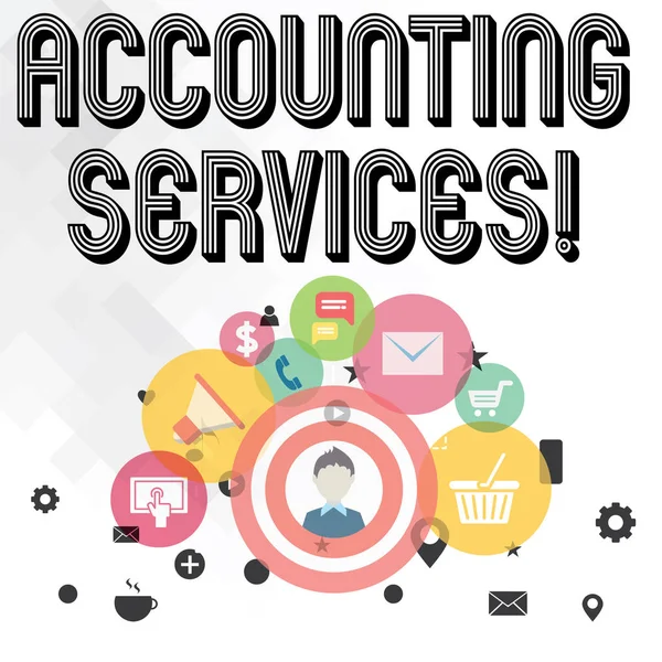 Handwriting text writing Accounting Services. Concept meaning analyze financial transactions of a business or a demonstrating photo of Digital Marketing Campaign Icons and Elements for Ecommerce.