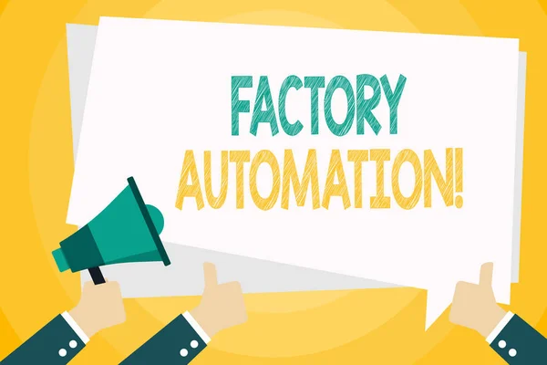 Text sign showing Factory Automation. Conceptual photo automatic operation and control of machinery or processes Hand Holding Megaphone and Other Two Gesturing Thumbs Up with Text Balloon. — Stock Photo, Image