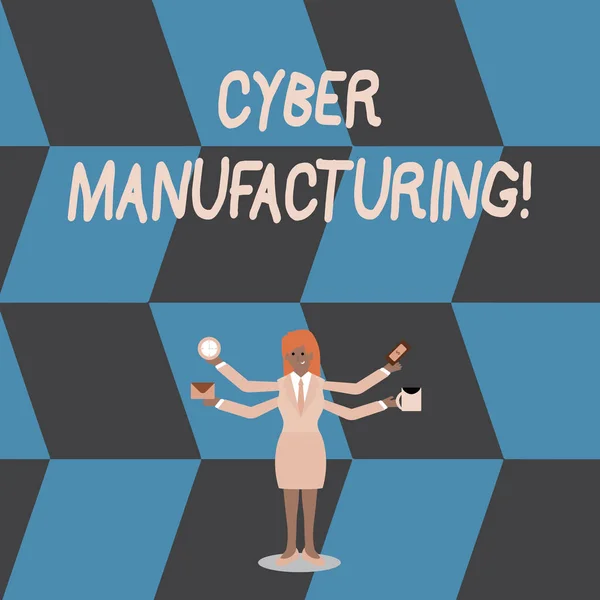 Schrijfbriefje met Cyber Manufacturing. Business photo showcasing transformatieve concept dat de vertaling van gegevens tot doel Vrouw met vier armen Uitbreiden zijdelingse werknemers nodig item. — Stockfoto