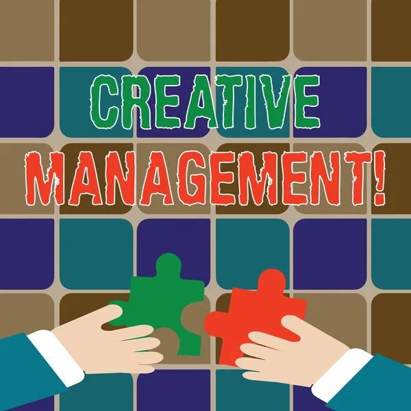 Writing note showing Creative Management. Business photo showcasing Managing of creative thinking skills and mental process Hands Holding Jigsaw Puzzle Pieces about Interlock the Tiles. — 스톡 사진