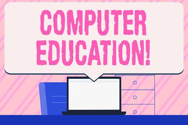 Conceptual hand writing showing Computer Education. Business photo text gaining basic knowledge and skills to operate computers Speech Bubble Pointing White Laptop Screen in Workspace Idea. — Stock Photo, Image