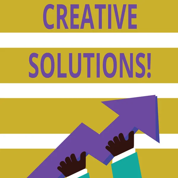 Writing note showing Creative Solutions. Business photo showcasing mental process of creating a solution to a problem photo of Hand Holding Colorful Huge 3D Arrow Pointing and Going Up. — 스톡 사진