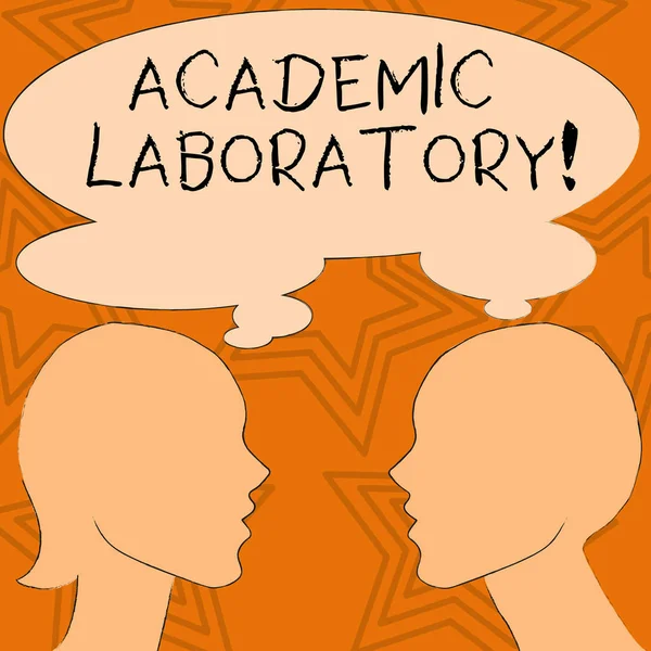 Writing note showing Academic Laboratory. Business photo showcasing where students can go to receive academic support Silhouette Sideview Profile of Man and Woman Thought Bubble. — 스톡 사진