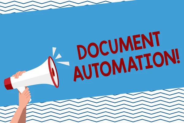 Conceptual hand writing showing Document Automation. Business photo text workflows that assist in creation of electronic document Human Hand Holding Megaphone with Sound Icon and Text Space.