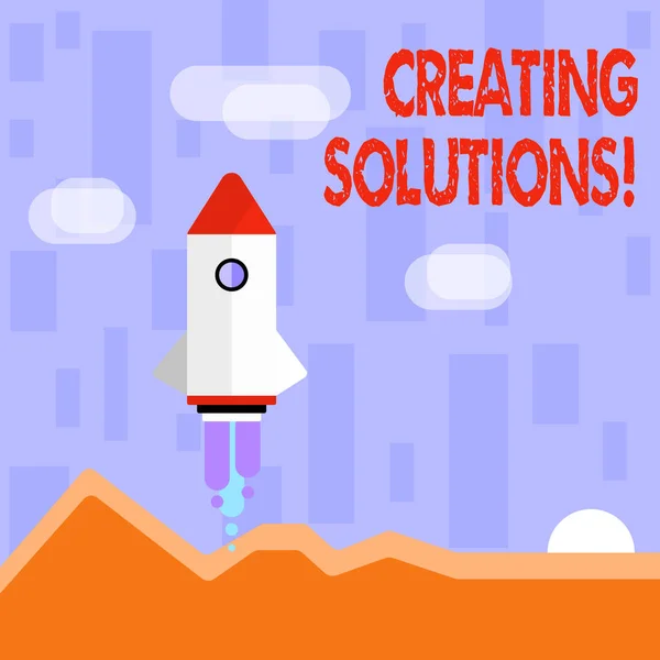 Writing note showing Creating Solutions. Business photo showcasing Make ways to solve a problem or dealing with situation Colorful Spacecraft Shuttle Launching New Business Startup. — 스톡 사진