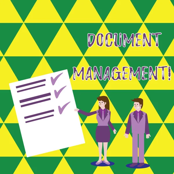 Word writing text Document Management. Business concept for Computerized analysisagement of electronic documents Man and Woman in Business Suit Presenting Report of Check and Lines on Paper. — Stock Photo, Image