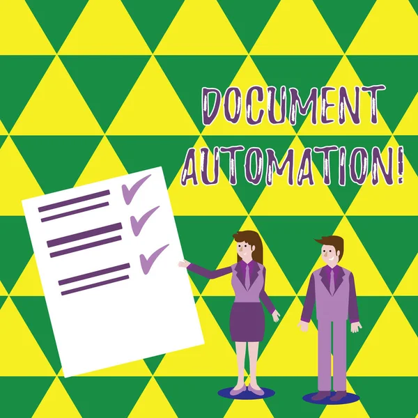 Tekst schrijven Document Automatisering. Bedrijfsconcept voor workflows die helpen bij het maken van elektronisch document Man and Woman in Business Suit Presentatie Report of Check and Lines on Paper. — Stockfoto