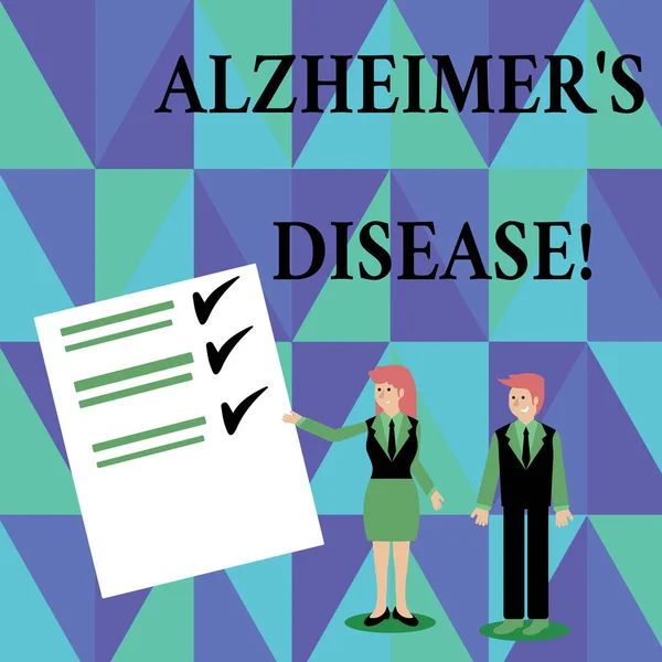 Znak tekstowy przedstawiający chorobę Alzheimera S jest chorobą. Zdjęcie koncepcyjne zaawansowane pogorszenie psychiczne, które występują w starszym wieku mężczyzna i kobieta w garnitur biznesowych przedstawienie sprawozdanie z kontroli i linie na papierze. — Zdjęcie stockowe