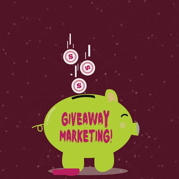 Почерк написания текста Giveaway Marketing. Концепция подразумевает распространение бесплатных товаров для продвижения вашего бизнеса Color Piggy Bank Sideview и долларовых валютных монет падая вниз к щели . — стоковое фото