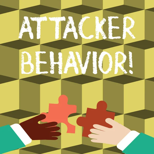 Writing note showing Attacker Behavior. Business photo showcasing analyze and predict the attacker behavior of the attack Hands Holding Jigsaw Puzzle Pieces about Interlock the Tiles.