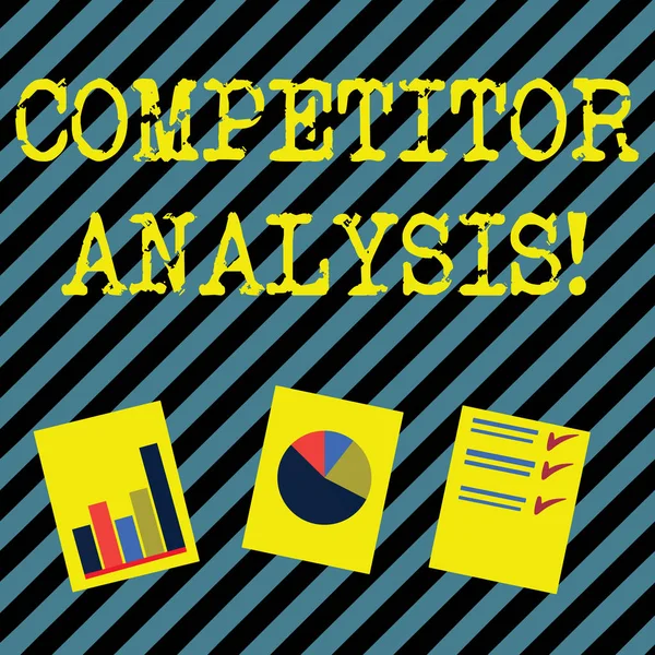 Znak tekstowy przedstawiający analizę konkurenta. Koncepcyjna Ocena zdjęć mocnych i słabych stron konkurencyjnej firmy Prezentacja bar, dane i wykres wykresu kołowego diagram każdy na białej księdze. — Zdjęcie stockowe