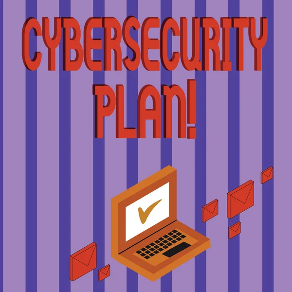 Word writing text Cybersecurity Plan. Business concept for Techniques of protecting computer and system from attacks Color Mail Envelopes around Laptop with Check Mark icon on Monitor Screen.