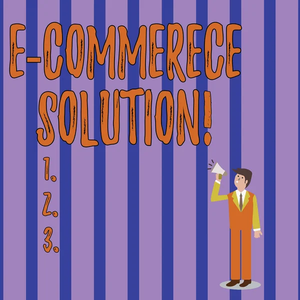 Writing note showing E Commerce Solution. Business photo showcasing Software used by business in selling products online Businessman Looking Up and Talking on Megaphone with Volume Icon.