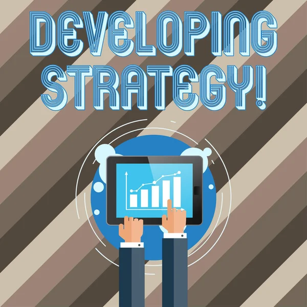 Text sign showing Developing Strategy. Conceptual photo Game plan that sets specific goals and objectives Businessman Hand Touching Pointing to Bar Line Chart on Smartphone Screen. — Stock Photo, Image