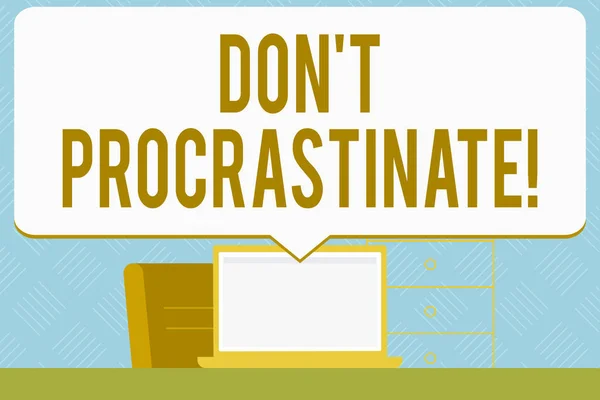 Notatka z napisem "Don T Procrastinate". Pokazywanie zdjęć biznesowych Unikaj opóźniania lub spowalniania czegoś, co musi być zrobione Speech Bubble wskazując biały ekran Laptop w Workspace Idea. — Zdjęcie stockowe