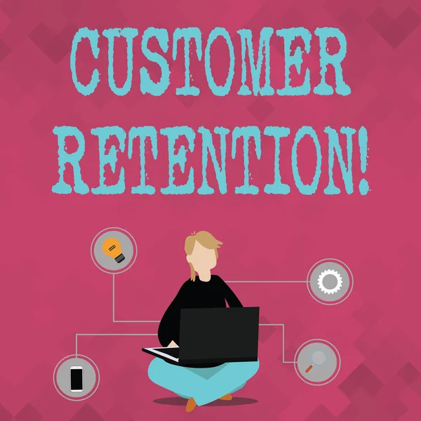 Writing note showing Customer Retention. Business photo showcasing Actions or activities companies take to retain customers Woman Sitting with Crossed Legs on Floor Browsing the Laptop.