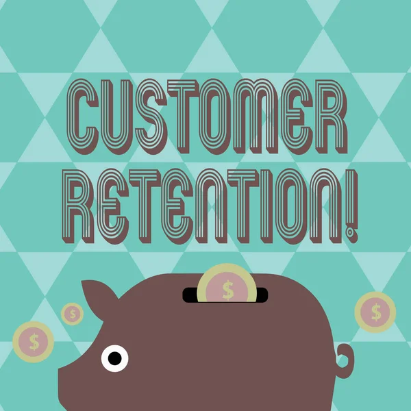 Writing note showing Customer Retention. Business photo showcasing Actions or activities companies take to retain customers Piggy Money Bank and Coins with Dollar Currency Sign on Slit.