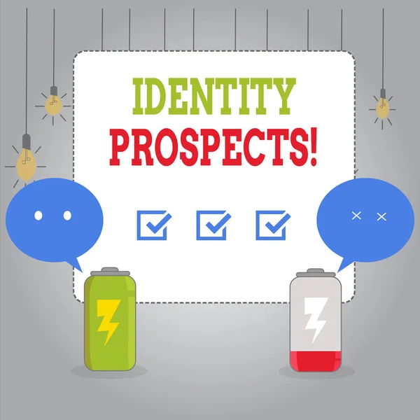 Writing note showing Identity Prospects. Business photo showcasing Potential customer Qualified lead is an organization Fully Charge and Discharge Battery with Emoji Speech Bubble. — 스톡 사진