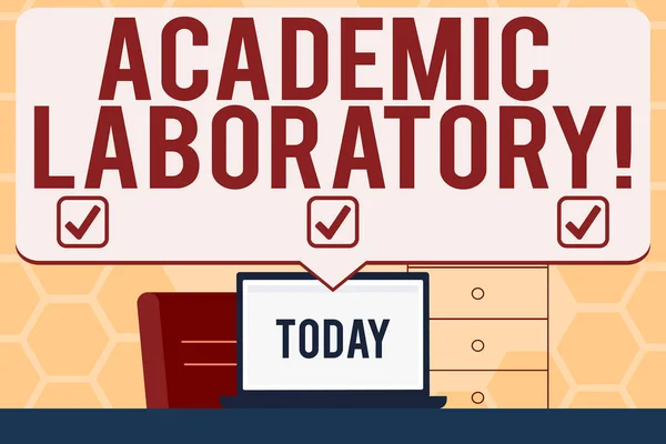 Text sign showing Academic Laboratory. Conceptual photo where students can go to receive academic support Blank Huge Speech Bubble Pointing to White Laptop Screen in Workspace Idea.