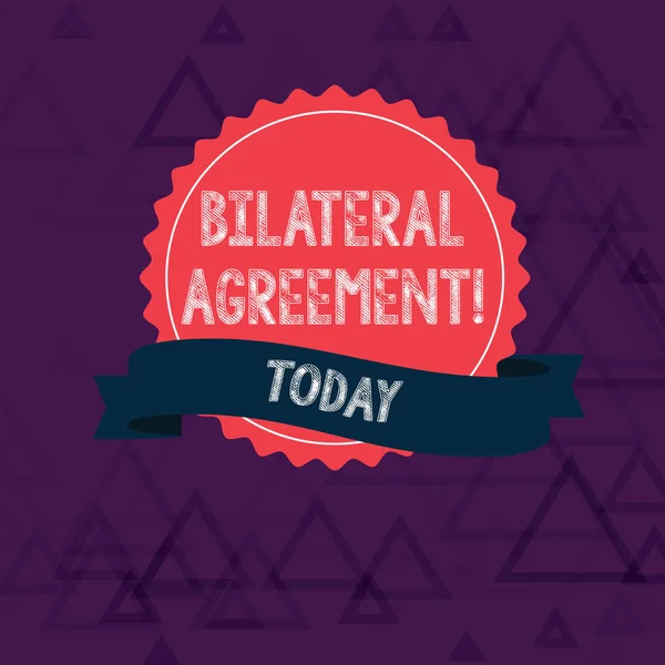 Writing note showing Bilateral Agreement. Business photo showcasing Legal obligations to nonbinding agreements of principle Color Seal Sticker with Jagged Edge and Shaded Ribbon Strip. — 스톡 사진