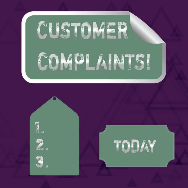 Writing note showing Customer Complaints. Business photo showcasing expression of dissatisfaction on a consumer s is behalf Color Label Self Adhesive Sticker with Border Corner and Tag. — ストック写真