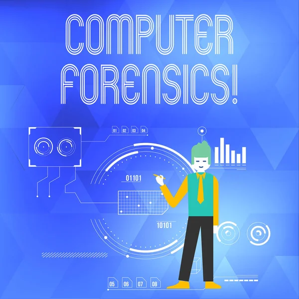 Scrittura di testi di Word Computer Forensics. Business concept per le tecniche di analisi investigativa sui computer Man Standing Holding Pen Pointing to Chart Diagram with SEO Process Icons . — Foto Stock